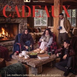 Couverture catalogue cadeaux Novalie 2026 dans chalet chaleureux