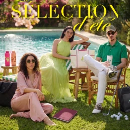 Trois adultes élégants au bord d’une piscine